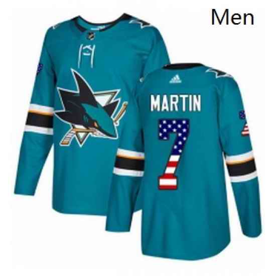 Mens Adidas San Jose Sharks 7 Paul Martin Authentic Teal Green USA Flag Fashion NHL Jersey